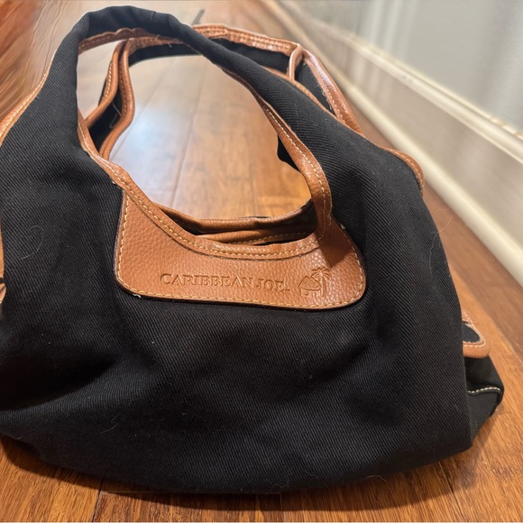 Carribean Joe Canvas & Leather Handbag Black with Tan Accents & Bottom 5 Pockets - Picture 2 of 10